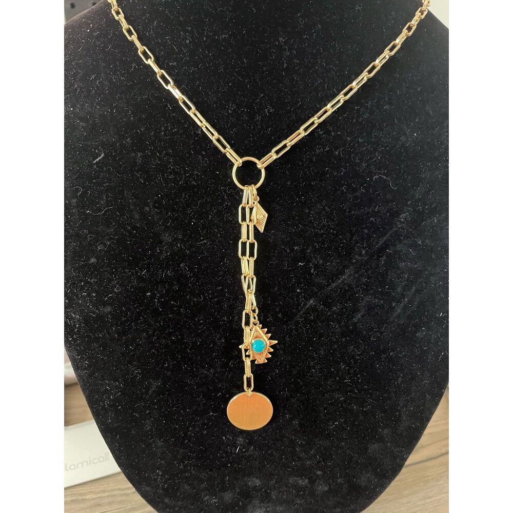 Rebecca Minkoff with Green Stone Charm and Gold Round Charm Necklace